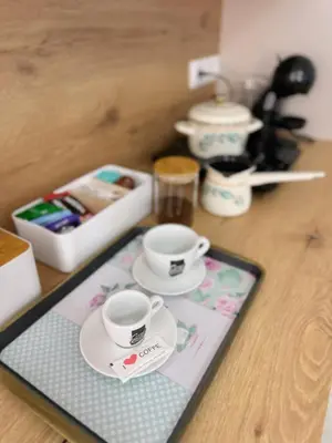 two cups and saucers on a tray on a table at Apartmani Ikanović in Cazin
