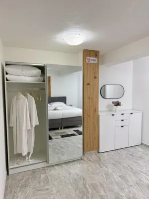 a bedroom with a mirror and a bed at Apartmani Ikanović in Cazin