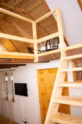 a loft bed in a room with a tv at Koliba Brezova šuma in Čović Polje