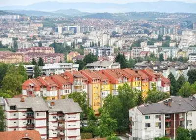 a group of buildings in a city with houses at Studio apartman VB in Banja Luka