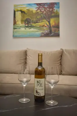 a bottle of wine and two wine glasses on a table at Apartman PLAN B in Banja Luka