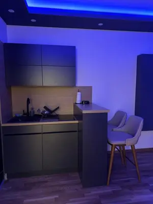 a kitchen with a sink and a table and a chair at Spa stan na dan in Banja Luka