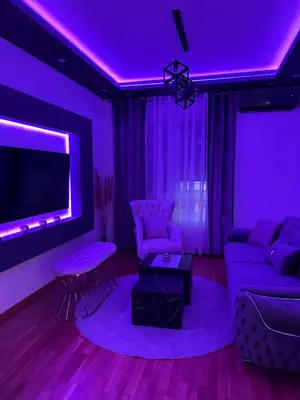a purple living room with a couch and a tv at Spa stan na dan in Banja Luka