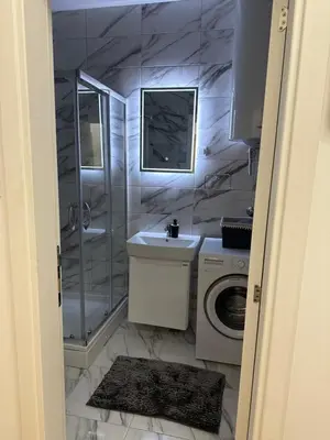 a bathroom with a shower and a sink and a washing machine at Spa stan na dan in Banja Luka