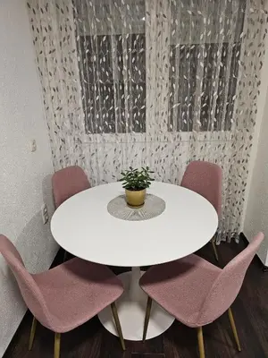 a white table and chairs with a potted plant on it at Apartman Nova Varos in Banja Luka