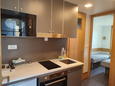 a kitchen with a sink and a microwave at Ćuranov rep in Mrkonjić Grad