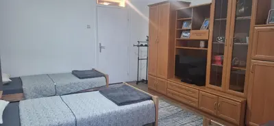 a bedroom with two twin beds and a entertainment center at Tamara in Drvar
