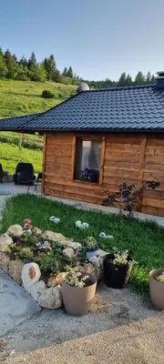 a garden in front of a house with potted plants at Planinska kuca Gogo in Kupres