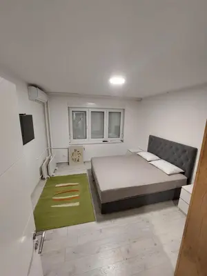 a bedroom with a large bed and a green rug at Index 1 in Hiseti