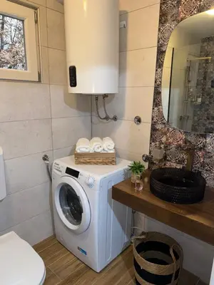 a washing machine in a bathroom with a mirror at Country House Lištani-renta quad in Livno