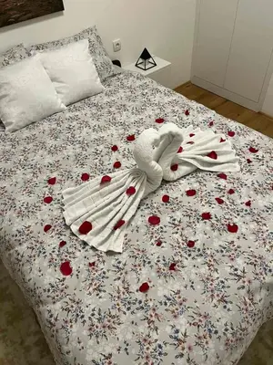 a bed with a white blanket with flowers on it at Stan na dan Trn Laktasi Apartman Andrea in Trn