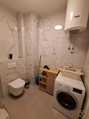 a bathroom with a washing machine and a toilet at Stan na dan Trn Laktasi Apartman Andrea in Trn