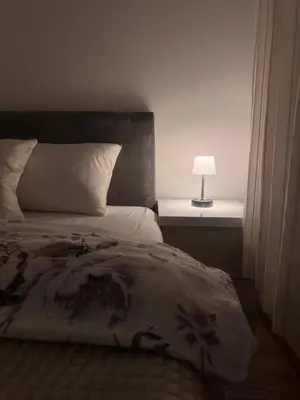 a bedroom with a bed with a lamp on a table at Apartman Bonaca in Banja Luka