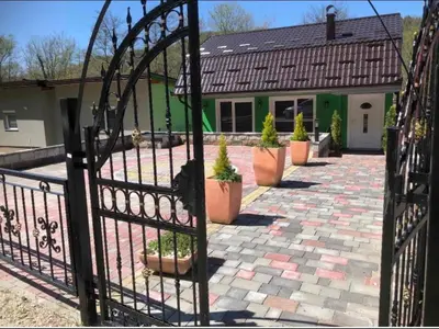 a gate in front of a house with potted plants at Holiday cottage-vikendica in Donji Podovi