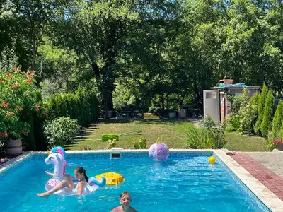 two children are playing in a swimming pool at Holiday cottage-vikendica in Donji Podovi