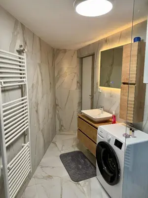 a bathroom with a washing machine and a sink at Apartman Tanzanija Bihać in Bihać