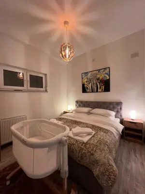 a bedroom with a bath tub and a bed at Apartman Tanzanija Bihać in Bihać