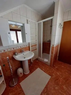 a bathroom with a sink and a shower with a mirror at Apartman Vidikovac in Kupres