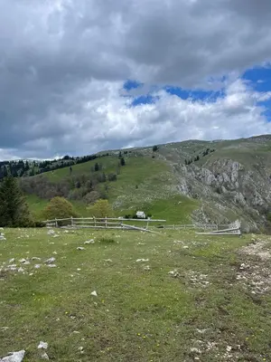 a white fence in a field with a mountain at Planinska kuća Marko in Vlasic