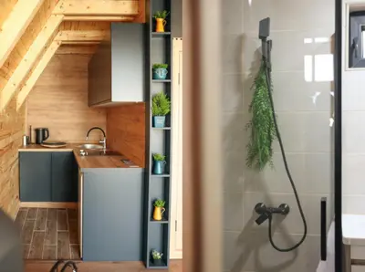 a kitchen with a sink and a shelf with plants at Wellness Borealis in Tuzla