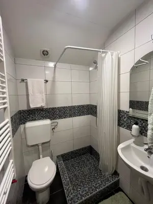 a bathroom with a toilet and a sink and a shower at Apartmani Karanovac in Banja Luka