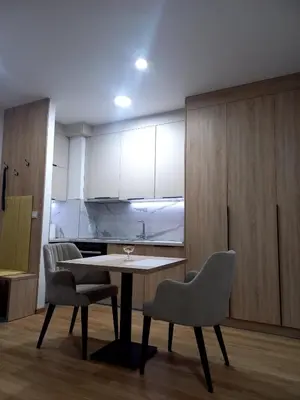 a kitchen with a table and chairs in a room at MN apartman in Banja Luka