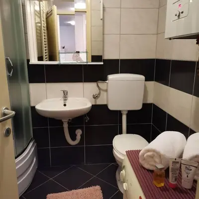 a bathroom with a toilet and a sink and a mirror at Apartman Anja in Banja Luka