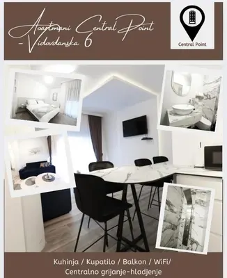 a collage of photographs of a room with a table and chairs at Central Point Apartmani, Banja Luka in Banja Luka