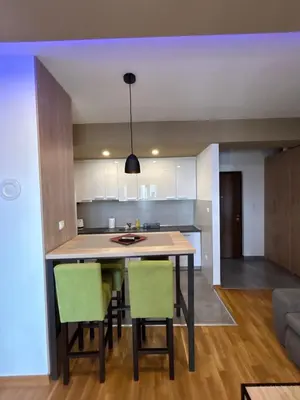 a kitchen with a table and chairs in a room at Apartmani Kastel 3 in Banja Luka