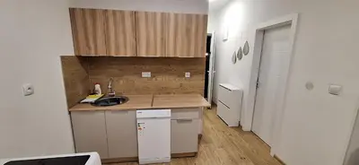 a small kitchen with a sink and a counter at Stan Banja Luka Paprikovac in Banja Luka