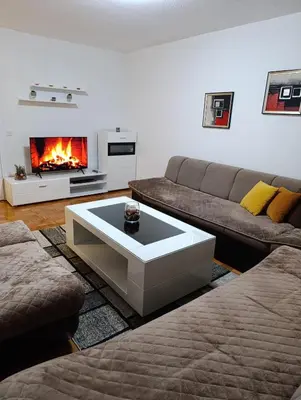 a living room with a couch and a fireplace at Apartman Bulevar Živinice in Živinice
