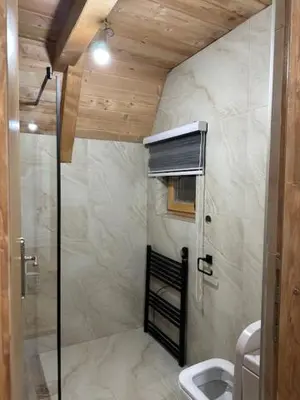 a bathroom with a shower and a toilet at Planinska kuća Rea, Vlašić in Vlasic
