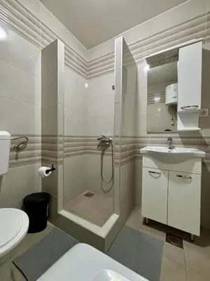 a bathroom with a shower and a sink and a toilet at Apartman MINI in Doboj
