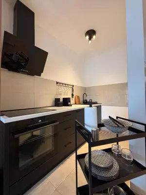 a kitchen with a black oven and a table at Apartman MINI in Doboj
