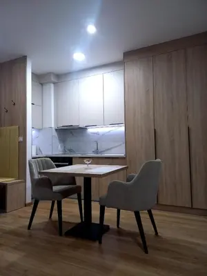 a kitchen with a table and chairs in a room at MN apartman in Banja Luka