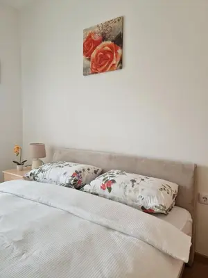 a bed with two pillows and a painting on the wall at Apartmani Stan na dan 34 in Banja Luka