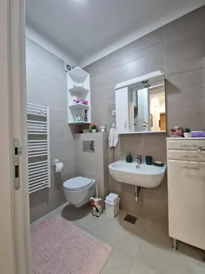 a bathroom with a sink and a toilet and a mirror at Apartmani Stan na dan 34 in Banja Luka