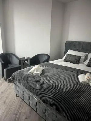 a bedroom with a bed with two chairs next to it at Apartman Latea in Banja Luka