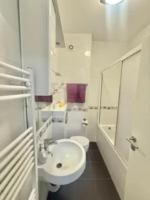 a white bathroom with a sink and a toilet at Apartman Dentalux 5 in Banja Luka