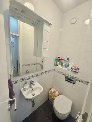 a bathroom with a sink and a toilet and a mirror at Apartman Dentalux 5 in Banja Luka