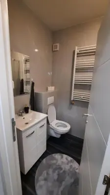 a bathroom with a white toilet and a sink at Zlatni San apartman 1 in Banja Luka
