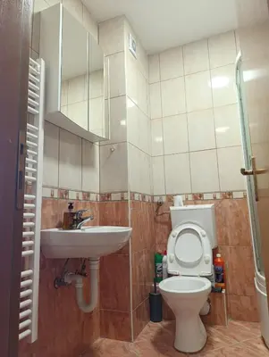 a bathroom with a toilet and a sink and a mirror at Apartman AsHome in Banja Luka