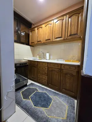 a kitchen with wooden cabinets and a rug on the floor at Apartment CenterZeroZone in Banja Luka