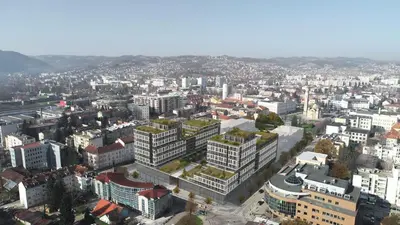 an aerial view of a city with buildings at KING - Apartment & SPA in Banja Luka