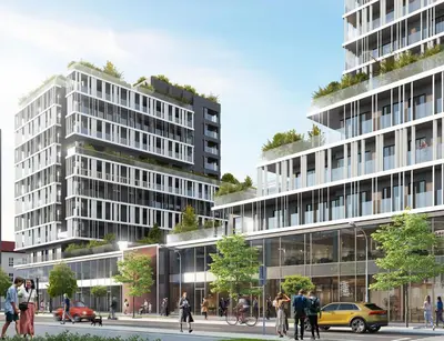 a rendering of a building with people walking in front of it at KING - Apartment & SPA in Banja Luka