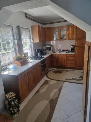 a kitchen with wooden cabinets and a counter top at Villa Alejna in Gradačac