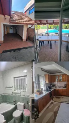 two pictures of a bathroom and a kitchen with a pool at Villa Alejna in Gradačac