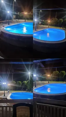 a group of four pictures of a pool at night at Villa Alejna in Gradačac