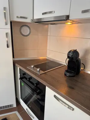 a small kitchen with a stove and a microwave at Stay inn Tuzla in Tuzla