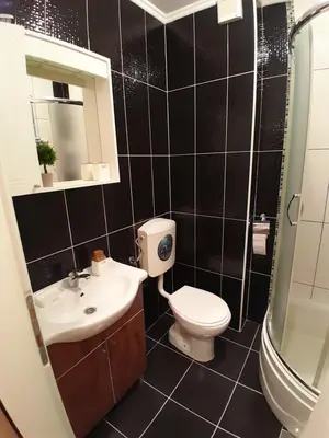 a black tiled bathroom with a toilet and a sink at Apartman Gold&Black Banja Luka in Banja Luka